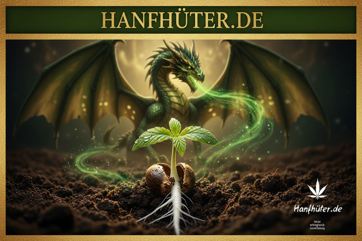 Detaillierter Cannabis-Keimling mit Hanfhüter-Drache